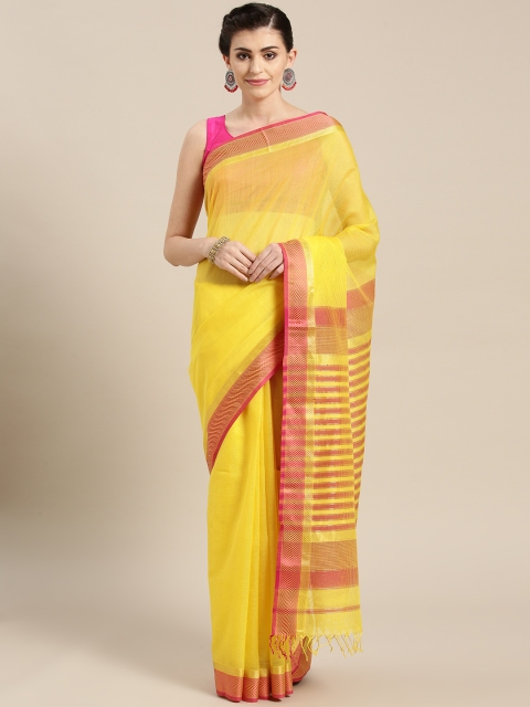 

lal10 Yellow & Red Handloom Solid Maheshwari Saree
