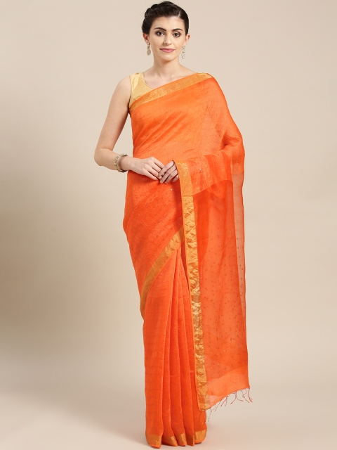 

lal10 Orange & Golden Solid Handloom Maheshwari Saree