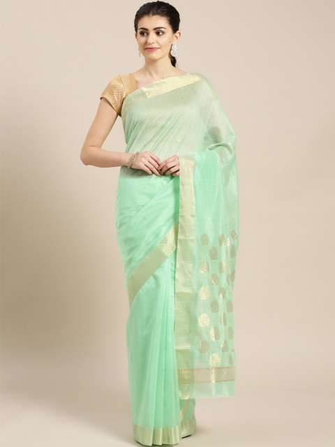 

lal10 Sea Green & Golden Woven Design Handwoven Chanderi Saree