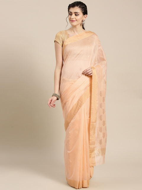 

lal10 Peach-Coloured & Golden Solid Handwoven Chanderi Saree, Cream