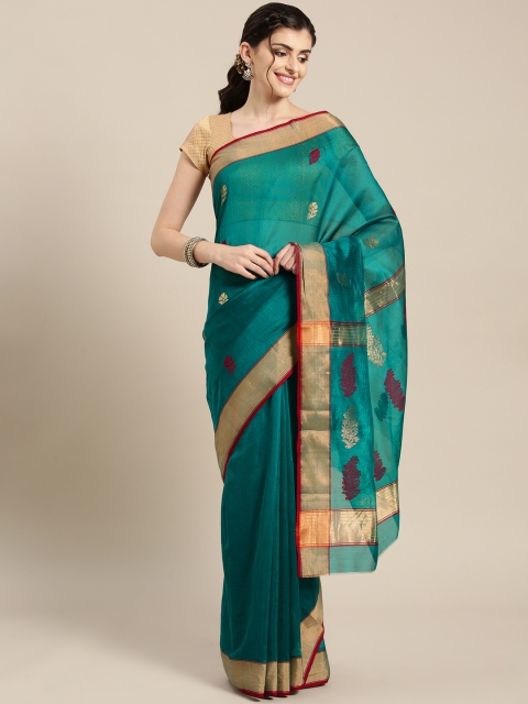 

lal10 Teal Blue & Maroon Handwoven Chanderi Saree