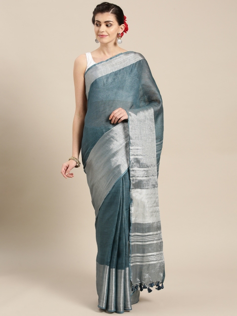 

lal10 Charcoal Grey & Silver Pure Linen Handwoven Solid Bhagalpuri Saree