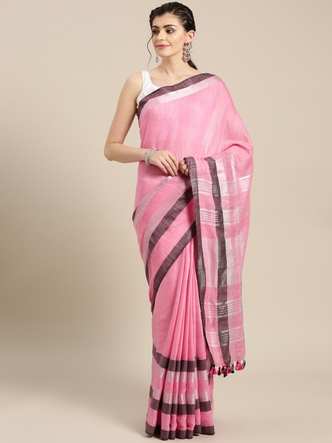 

lal10 Pink Solid Handwoven Linen Saree