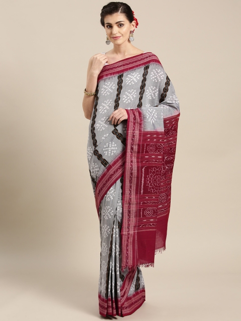 

lal10 Grey & Maroon Pure Cotton Handwoven Ikkat Printed Sambalpuri Saree