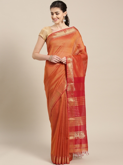 

lal10 Orange Solid Handloom Maheshwari Saree