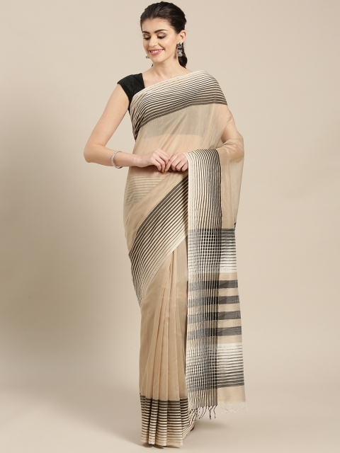 

lal10 Beige & Black Solid Handloom Maheshwari Saree