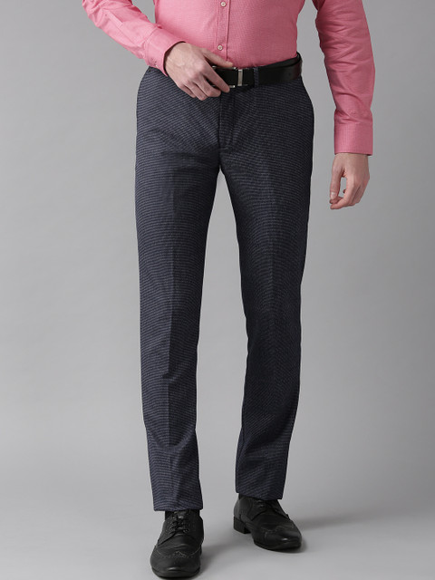 

Blackberrys Men Navy Blue & Grey Tapered Fit Self Design Formal Trousers