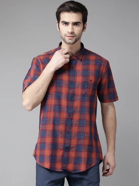 

Blackberrys Men Navy Blue & Orange Slim Fit Checked Casual Shirt