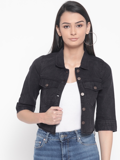 

ANTS Women Charcoal Grey Solid Crop Denim Jacket