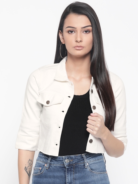 

ANTS Women Off White Solid Crop Denim Jacket
