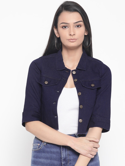 

ANTS Women Navy Blue Solid Crop Denim Jacket