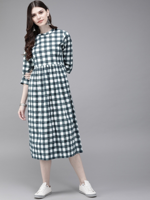 

Anouk Women White & Navy Blue Checked A-Line Dress