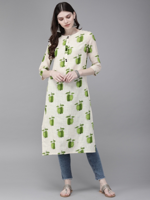 

Anouk Women Off-White & Green Printed Straight Kurta