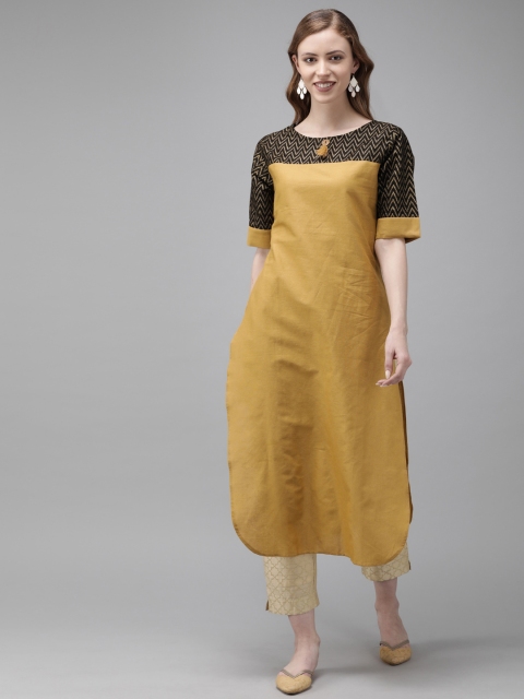

Anouk Women Mustard Yellow & Black Solid Straight Kurta With Printed Detailing