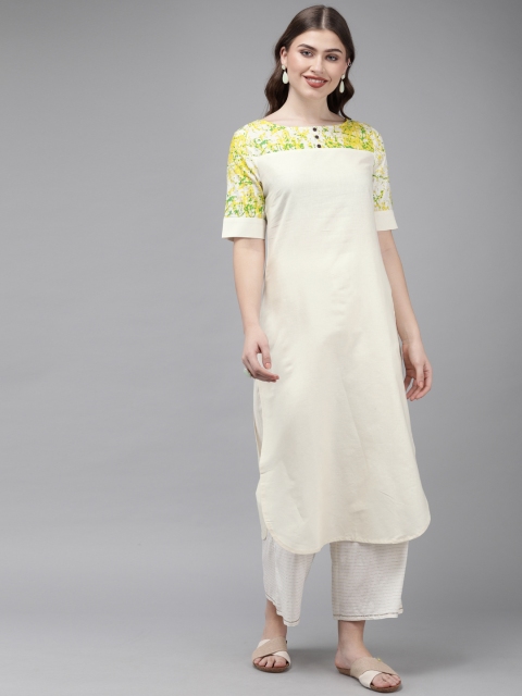 

Anouk Women Off-White & Green Solid Straight Kurta with Printed Detailing
