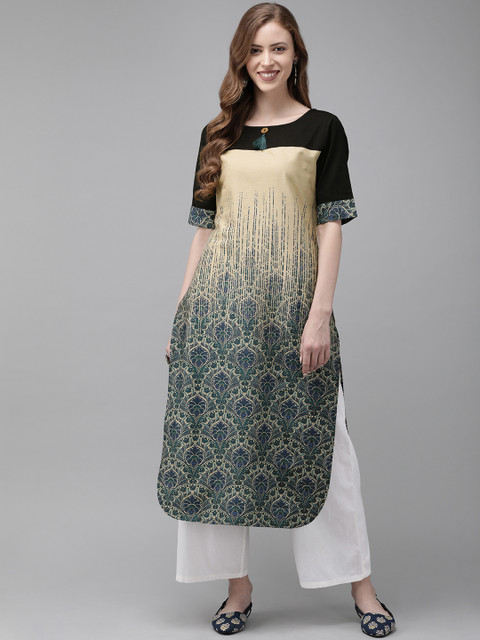 

Anouk Women Beige & Green Printed Straight Kurta