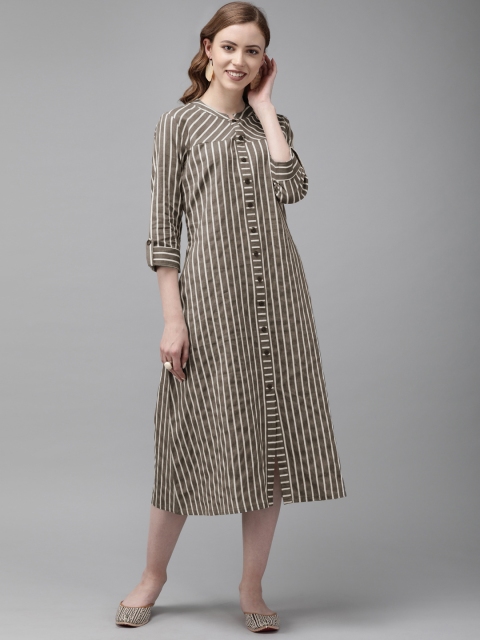 

Anouk Women Grey & Off-White Striped A-Line Kurta