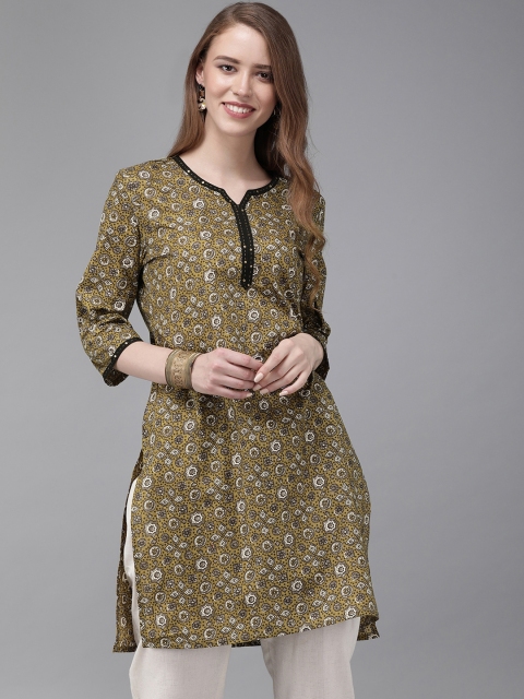 

Anouk Women Olive Green Printed Straight Kurta
