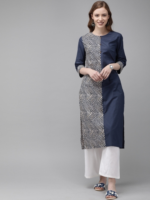 

Anouk Women Navy Blue & Off-White Printed Straight Kurta