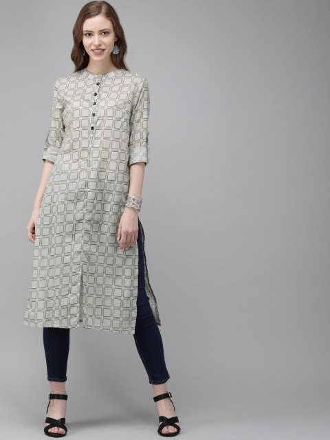 

Anouk Women Grey & Green Printed Straight Kurta