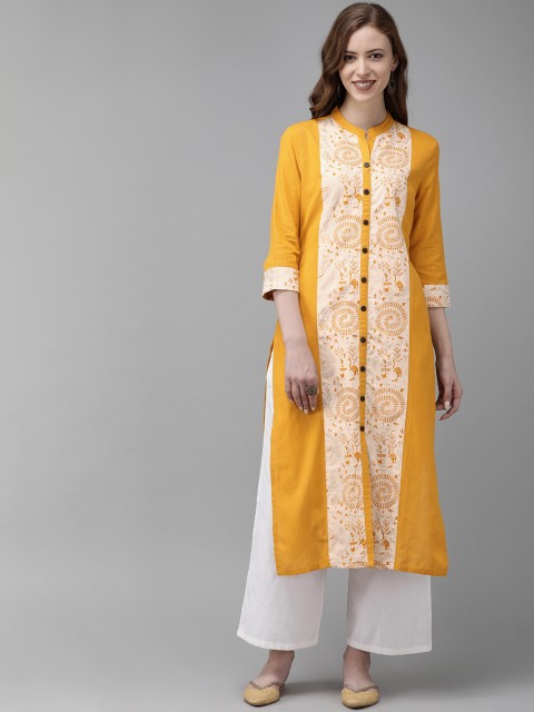 

Anouk Women Mustard Yellow & White Printed Straight Kurta