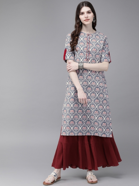 

Anouk Women Off-White & Teal Blue Printed Straight Kurta