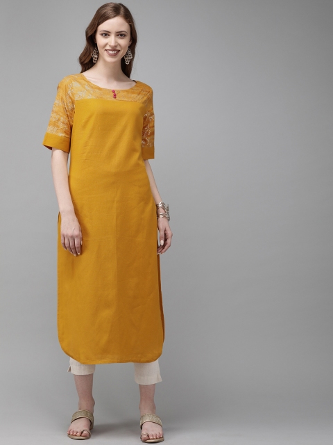 

Anouk Women Mustard Yellow Solid Straight Kurta With Printed Detailing