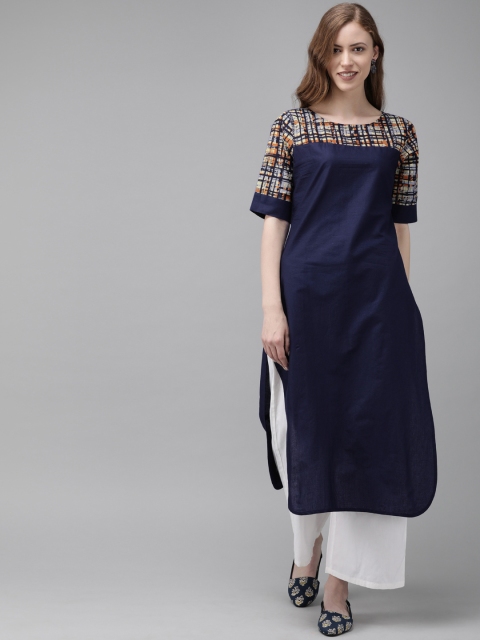 

Anouk Women Navy Blue Solid Straight Kurta With Printed Detailing