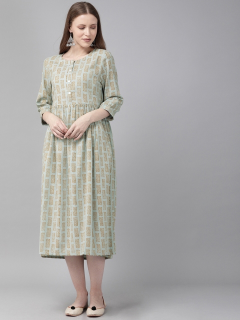 

Anouk Women Green & Mustard Yellow A-Line Midi Fusion Dress