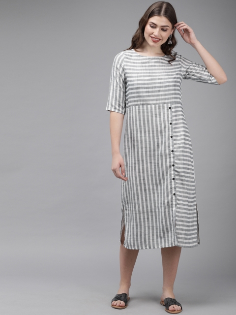 

Anouk Women White & Grey Striped A-Line Fusion Kurta