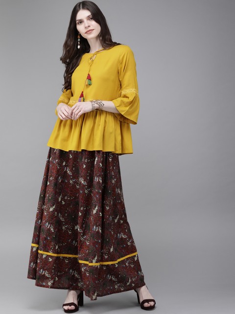 

Anouk Women Mustard Yellow & Burgundy Solid Top with Printed Skirt