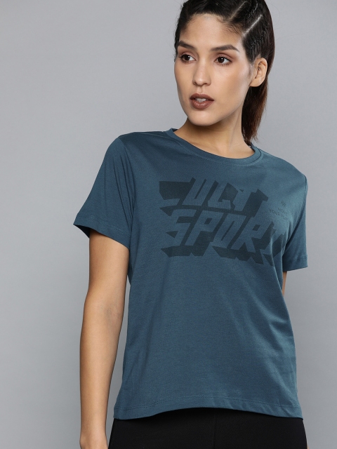 

Cultsport Women Teal Blue Printed Round Neck Perfomance Cotton/Workout Cotton T-shirt