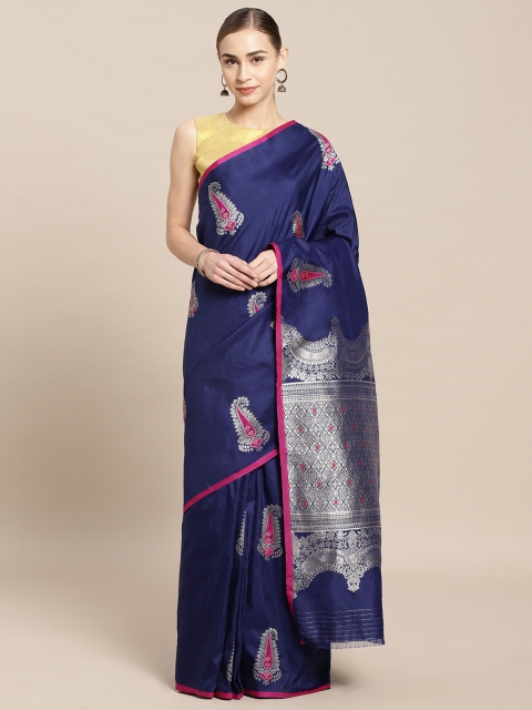 

Mitera Navy Blue Silk Blend Woven Design Kanjeevaram Saree