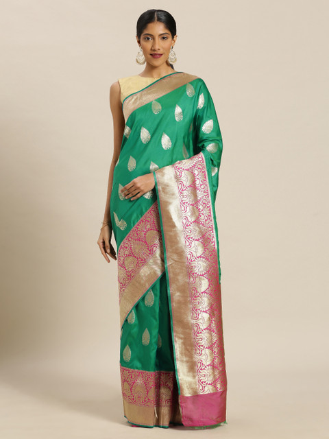 

Mitera Green Silk Blend Woven Design Kanjeevaram Saree