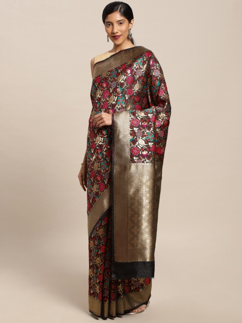 

Mitera Black & Pink Silk Blend Woven Design Kanjeevaram Saree
