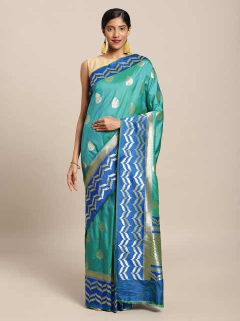 

Mitera Turquoise Blue Silk Blend Woven Design Kanjeevaram Saree