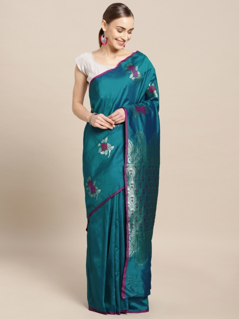 

Mitera Teal Blue Silk Blend Woven Design Kanjeevaram Saree