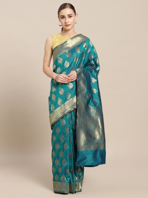 

Mitera Teal Silk Blend Woven Design Kanjeevaram Saree