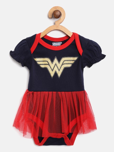 

Moms Love Girls Navy Blue & Red Colourblocked Layered Bodysuit with Printed Detail