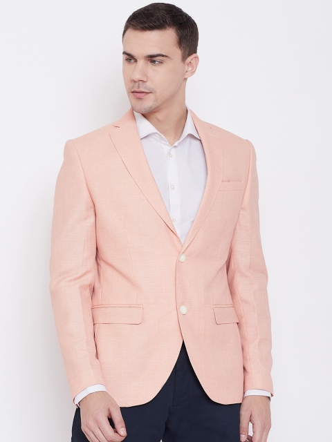 

Blackberrys Men Peach-Coloured & Off-White Slim Fit Self Design Casual Blazer
