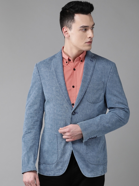 

Blackberrys Men Blue Solid Slim Fit Single-Breasted Casual Pure Cotton Blazer