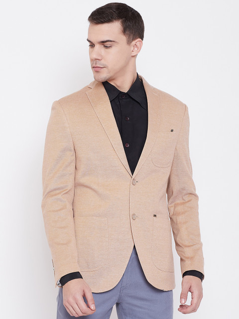 

Blackberrys Men Beige Slim Fit Self Design Single Breasted Casual Pure Cotton Blazer