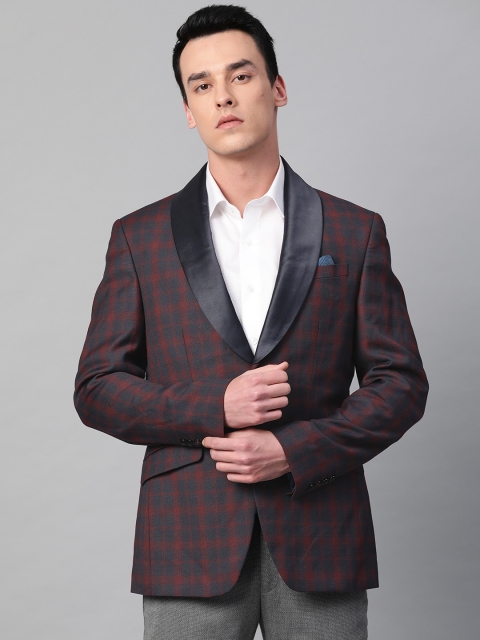 

Blackberrys Men Maroon & Navy Blue Slim Fit Checked Formal Blazer
