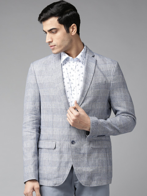 

Blackberrys Men Blue Slim Fit Self Striped Smart Casual Blazer