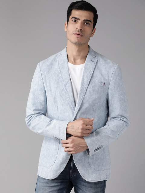 

Blackberrys Men Blue Slim Fit Self-Design Casual Pure Cotton Blazer