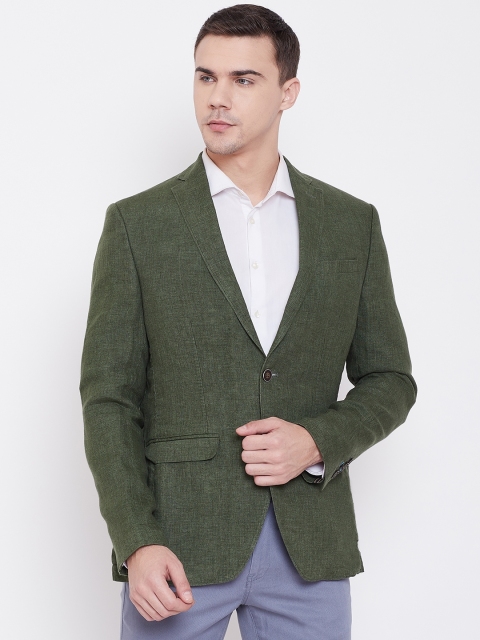 

Blackberrys Men Green Solid Linen Slim Fit Single-Breasted Smart Casual Blazer