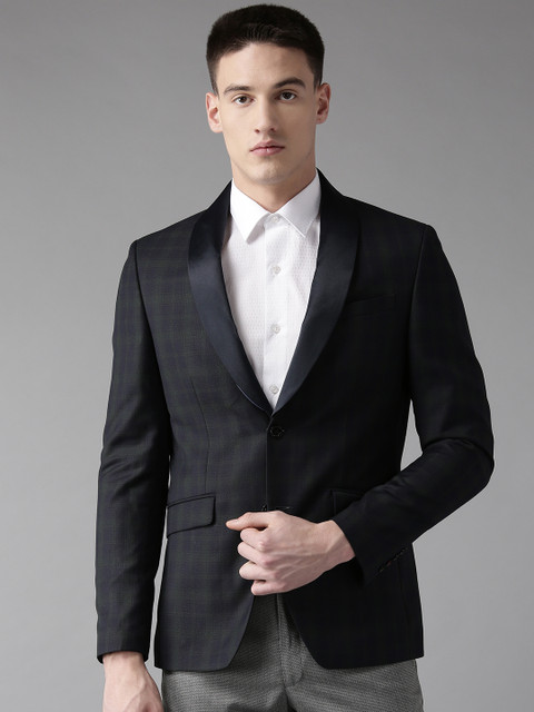 

Blackberrys Men Navy Blue & Green Checked Slim Fit Single-Breasted Tuxedo
