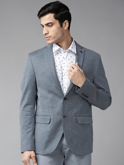 

Blackberrys Men Teal Blue & White Printed Slim Fit Single Breasted Smart Casual Blazer