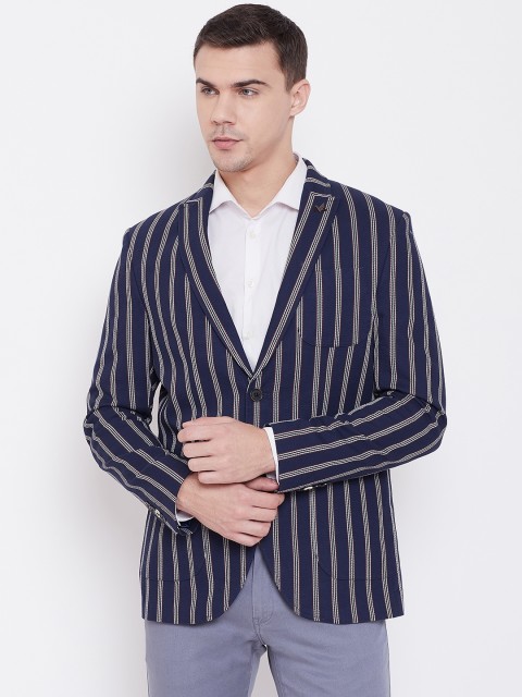 

Blackberrys Men Navy Blue & Off-White Slim Fit Self Striped Casual Pure Cotton Blazer