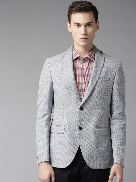 

Blackberrys Men Blue & White Self-Design Slim Fit Single-Breasted Smart Casual Blazer